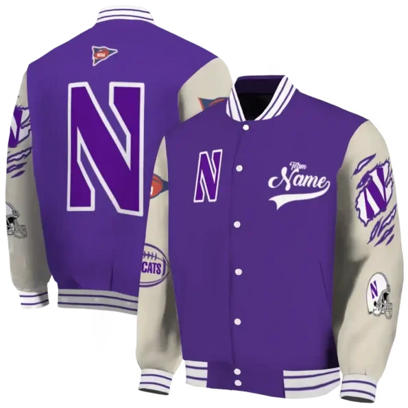 custom northwestern wildcats wildcat pawprint purple nude varsity jacket fashion forward.webp