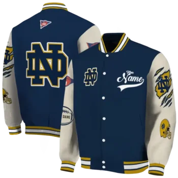 custom notre dame fighting irish wildcat pawprint navy nude varsity jacket fashion forward.webp