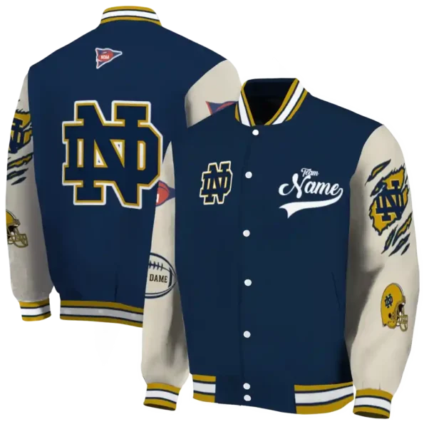 custom notre dame fighting irish wildcat pawprint navy nude varsity jacket fashion forward.webp