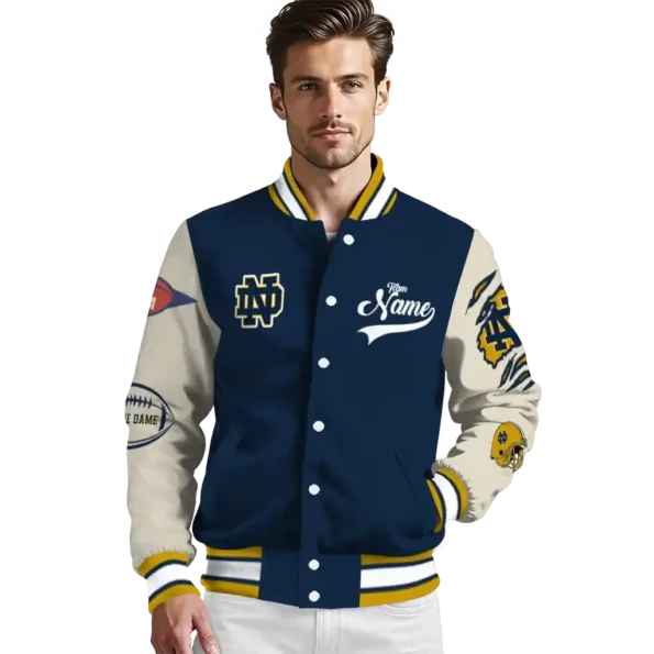 custom notre dame fighting irish wildcat pawprint navy nude varsity jacket high quality.webp
