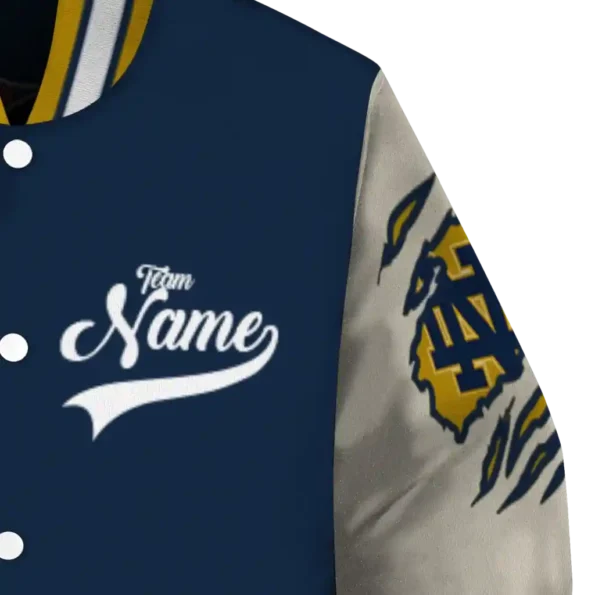 custom notre dame fighting irish wildcat pawprint navy nude varsity jacket premium grade.webp
