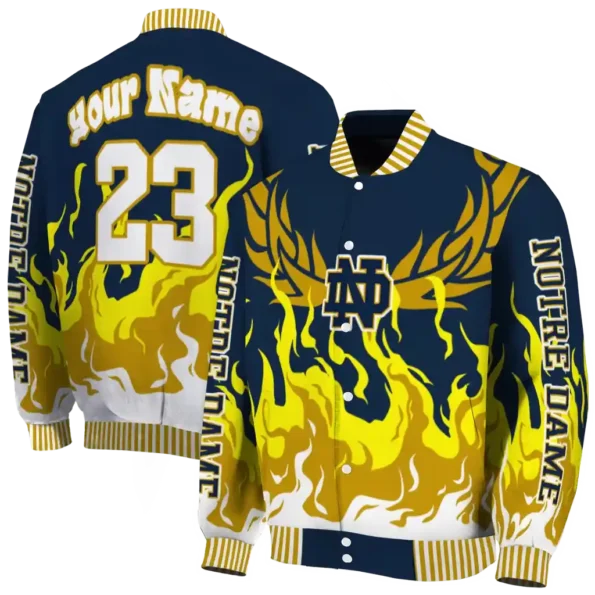custom notre dame fighting irish winged blaze navy white varsity jacket fashion forward.webp