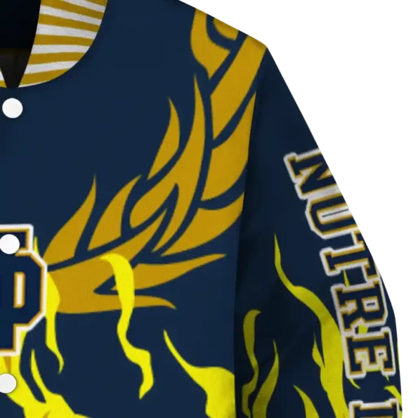 custom notre dame fighting irish winged blaze navy white varsity jacket premium grade.webp
