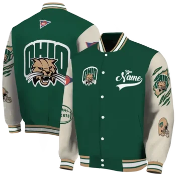 custom ohio bobcats wildcat pawprint green nude varsity jacket fashion forward.webp
