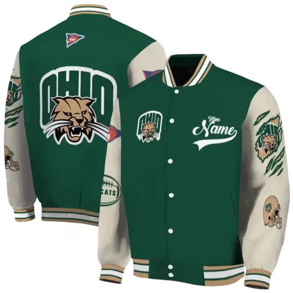 custom ohio bobcats wildcat pawprint green nude varsity jacket fashion forward.webp