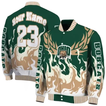 custom ohio bobcats winged blaze green white varsity jacket fashion forward.webp