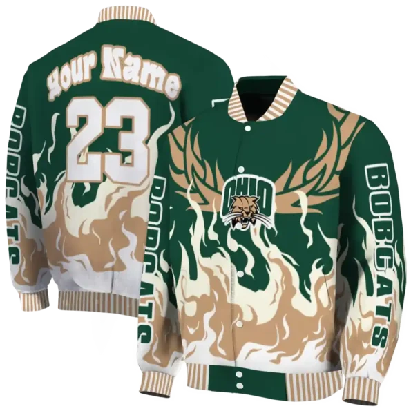 custom ohio bobcats winged blaze green white varsity jacket fashion forward.webp