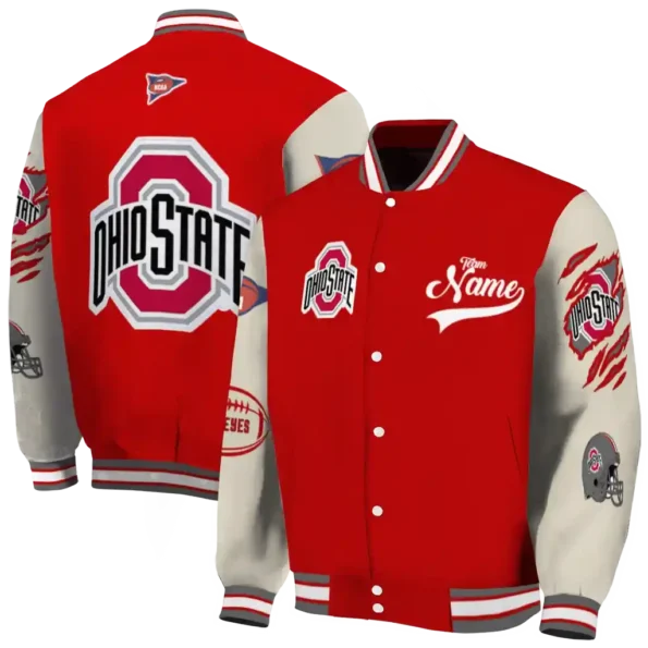 custom ohio state buckeyes wildcat pawprint scarlet nude varsity jacket fashion forward.webp
