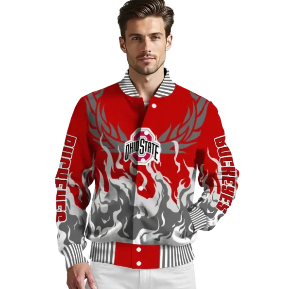 custom ohio state buckeyes winged blaze scarlet white varsity jacket high quality.webp