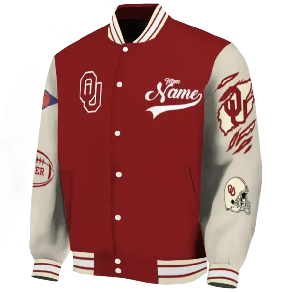 custom oklahoma sooners wildcat pawprint crimson nude varsity jacket best selling.webp