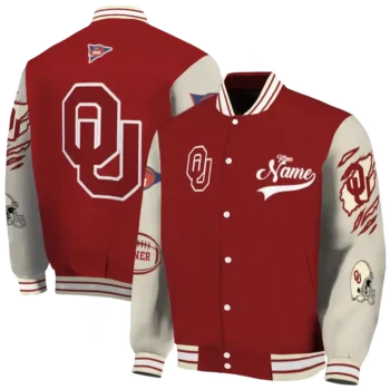 custom oklahoma sooners wildcat pawprint crimson nude varsity jacket fashion forward.webp