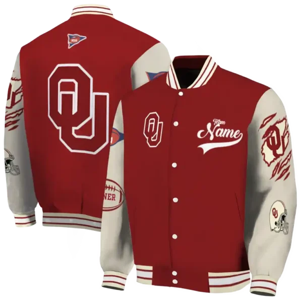 custom oklahoma sooners wildcat pawprint crimson nude varsity jacket fashion forward.webp