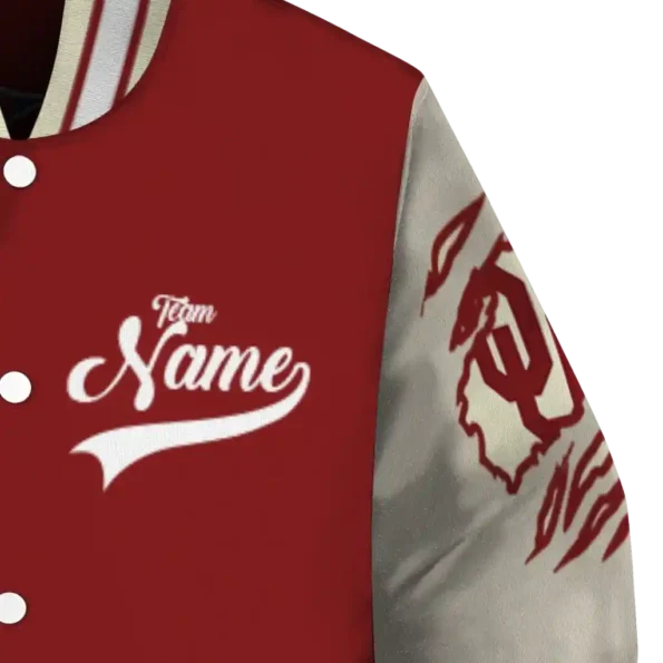 custom oklahoma sooners wildcat pawprint crimson nude varsity jacket premium grade.webp