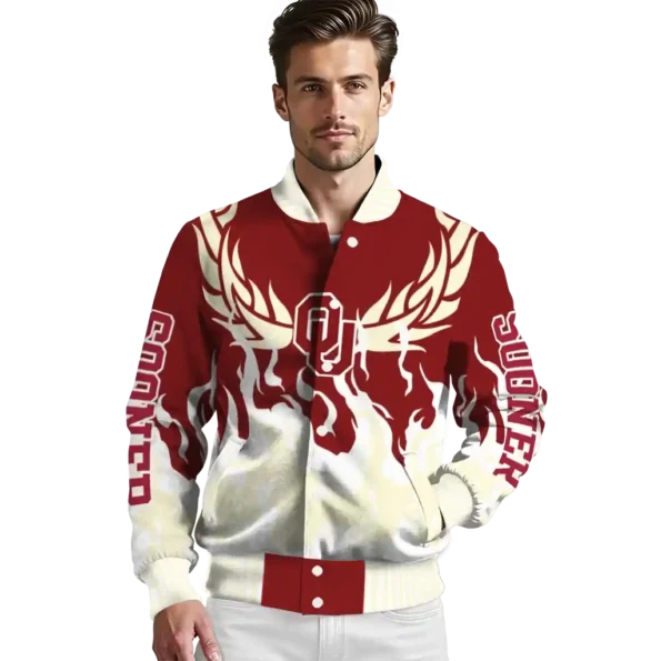 custom oklahoma sooners winged blaze crimson white varsity jacket high quality.webp