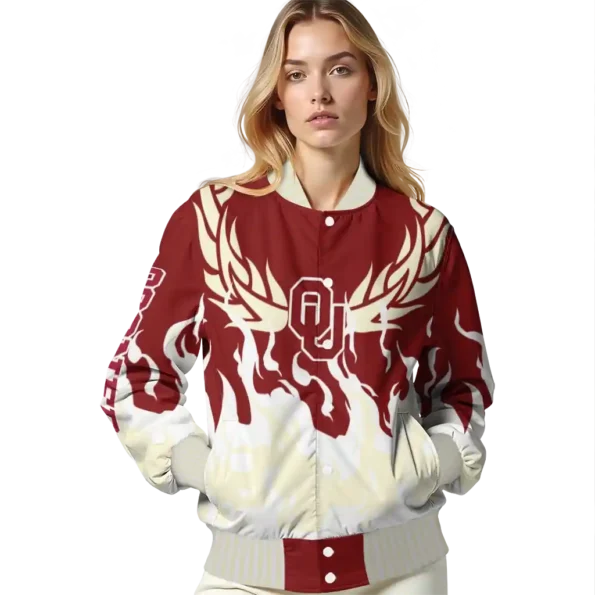 custom oklahoma sooners winged blaze crimson white varsity jacket latest model.webp