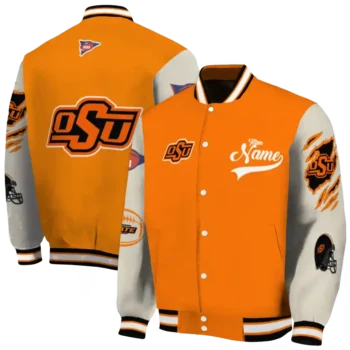 custom oklahoma state cowboys wildcat pawprint orange nude varsity jacket fashion forward.webp