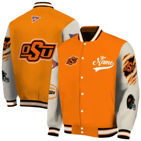 custom oklahoma state cowboys wildcat pawprint orange nude varsity jacket fashion forward.webp