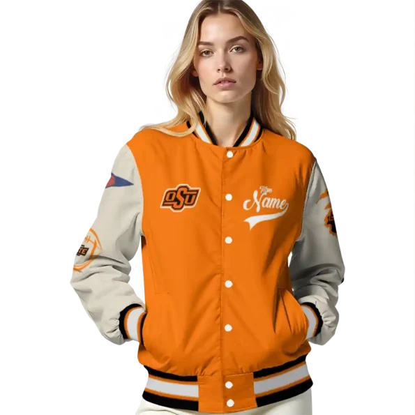 custom oklahoma state cowboys wildcat pawprint orange nude varsity jacket latest model.webp