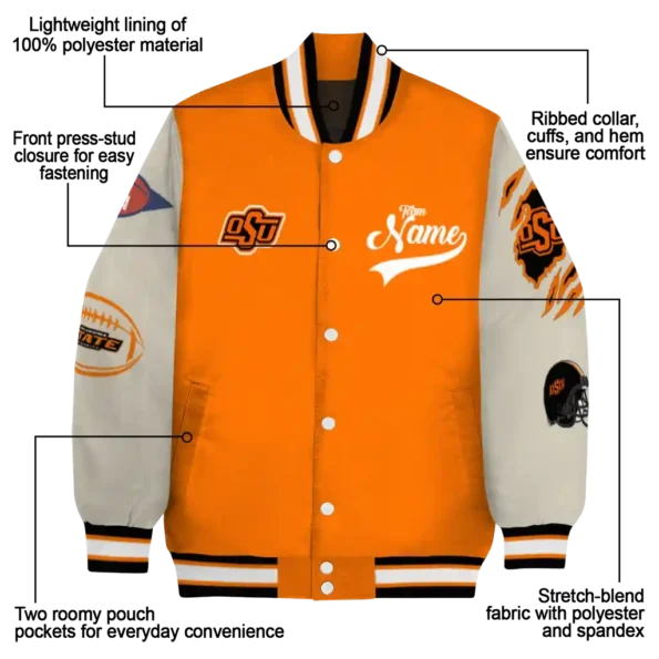 custom oklahoma state cowboys wildcat pawprint orange nude varsity jacket new arrival.webp