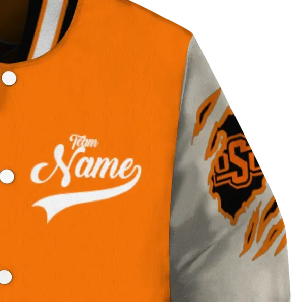 custom oklahoma state cowboys wildcat pawprint orange nude varsity jacket premium grade.webp