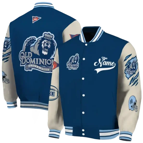 custom old dominion monarchs wildcat pawprint blue nude varsity jacket fashion forward.webp