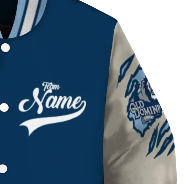 custom old dominion monarchs wildcat pawprint blue nude varsity jacket premium grade.webp