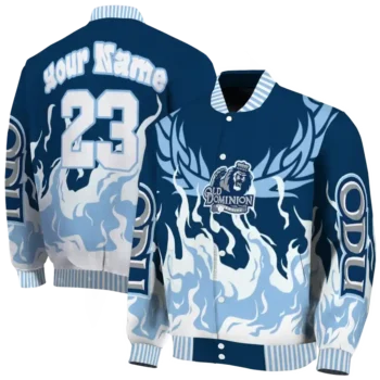 custom old dominion monarchs winged blaze blue white varsity jacket fashion forward.webp