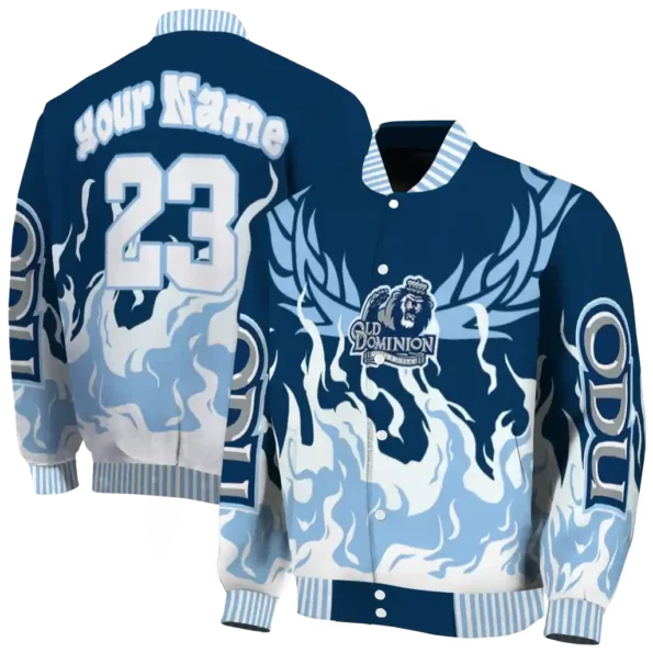 custom old dominion monarchs winged blaze blue white varsity jacket fashion forward.webp