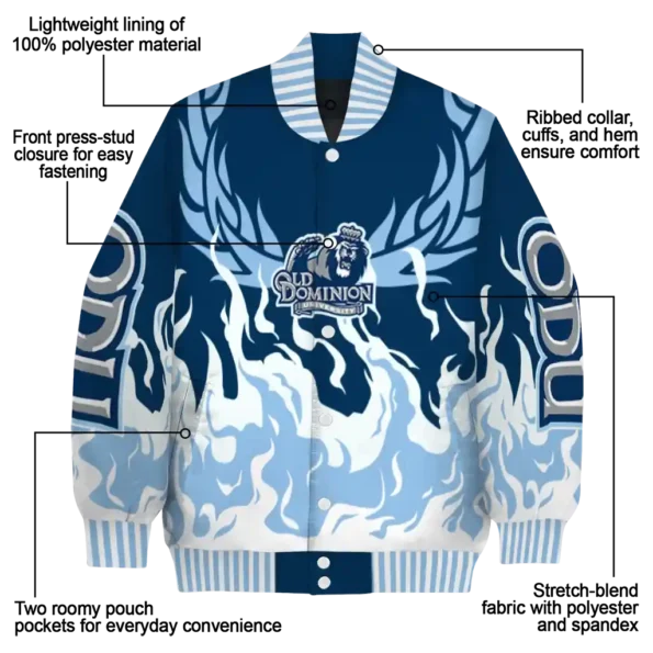 custom old dominion monarchs winged blaze blue white varsity jacket new arrival.webp