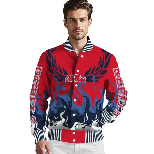 custom ole miss rebels winged blaze red white varsity jacket high quality.webp