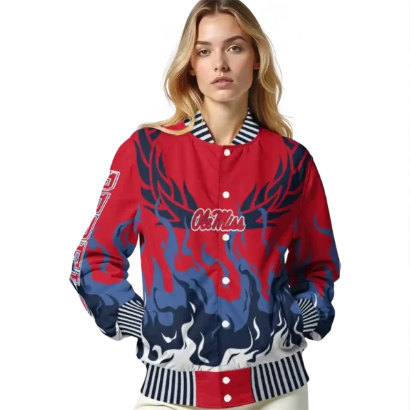 custom ole miss rebels winged blaze red white varsity jacket latest model.webp
