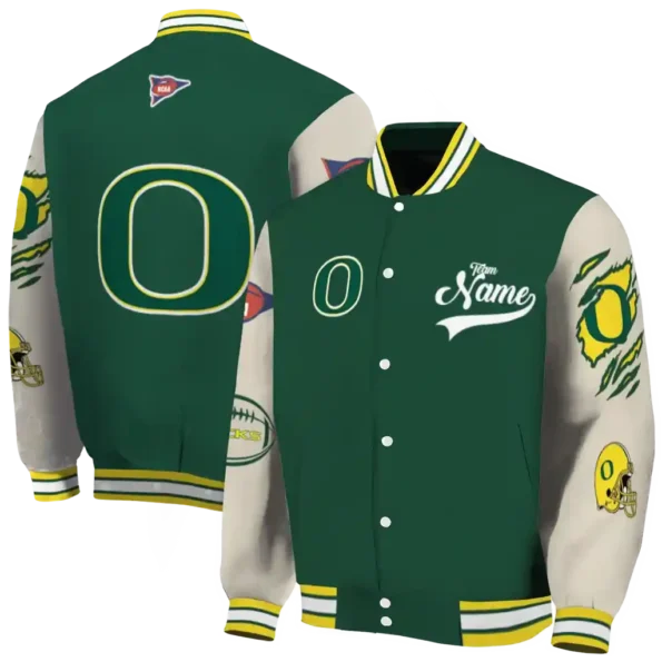 custom oregon ducks wildcat pawprint green nude varsity jacket fashion forward.webp