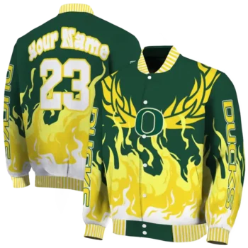 custom oregon ducks winged blaze green white varsity jacket fashion forward.webp