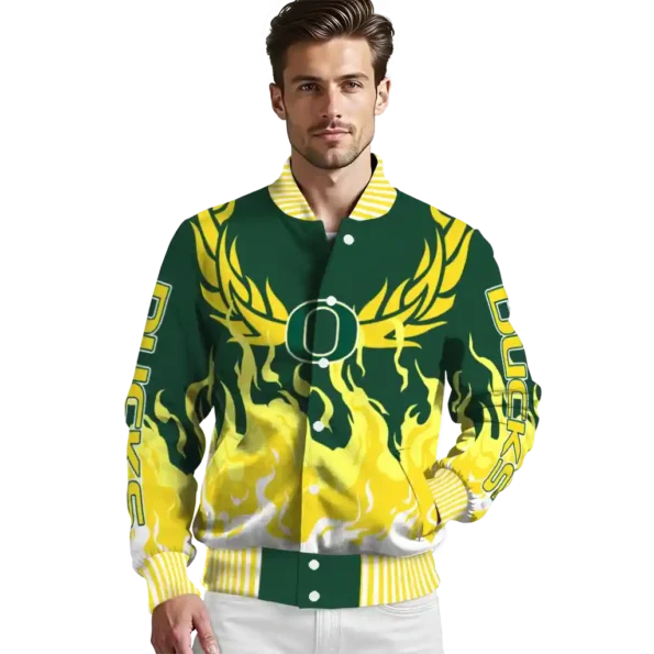 custom oregon ducks winged blaze green white varsity jacket high quality.webp