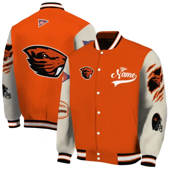 custom oregon state beavers wildcat pawprint orange nude varsity jacket fashion forward.webp