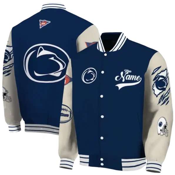 custom penn state nittany lions wildcat pawprint blue nude varsity jacket fashion forward.webp