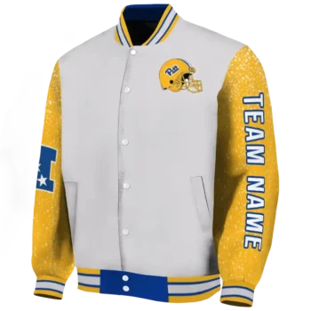 custom pittsburgh panthers speckled arms royal blue gray varsity jacket best selling.webp