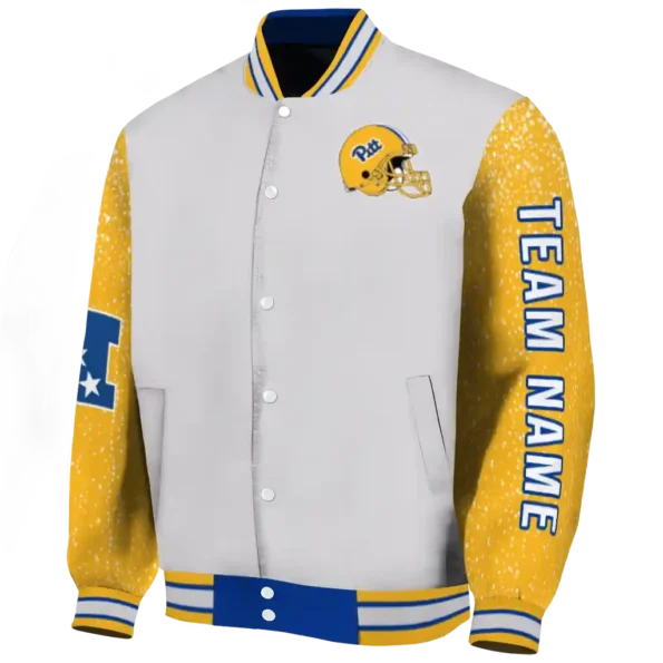 custom pittsburgh panthers speckled arms royal blue gray varsity jacket best selling.webp