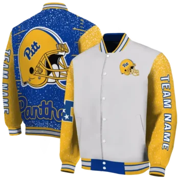 custom pittsburgh panthers speckled arms royal blue gray varsity jacket fashion forward.webp