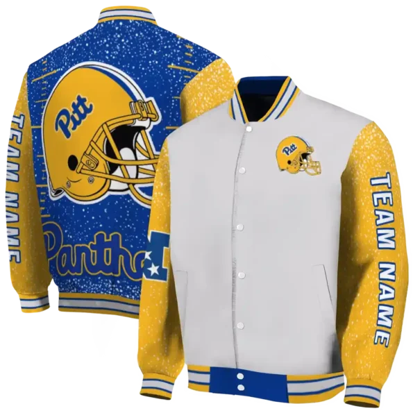 custom pittsburgh panthers speckled arms royal blue gray varsity jacket fashion forward.webp