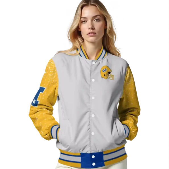 custom pittsburgh panthers speckled arms royal blue gray varsity jacket latest model.webp