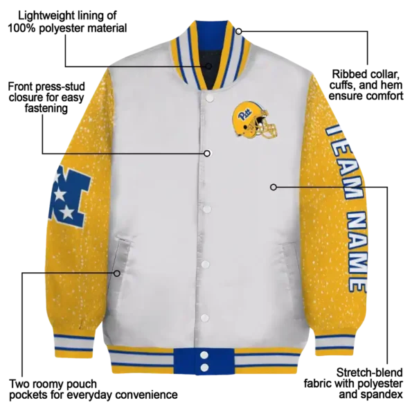 custom pittsburgh panthers speckled arms royal blue gray varsity jacket new arrival.webp