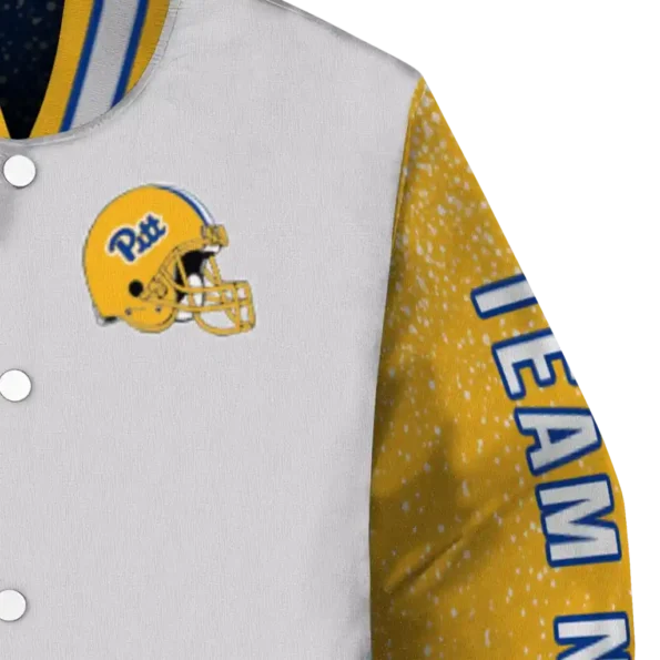 custom pittsburgh panthers speckled arms royal blue gray varsity jacket premium grade.webp