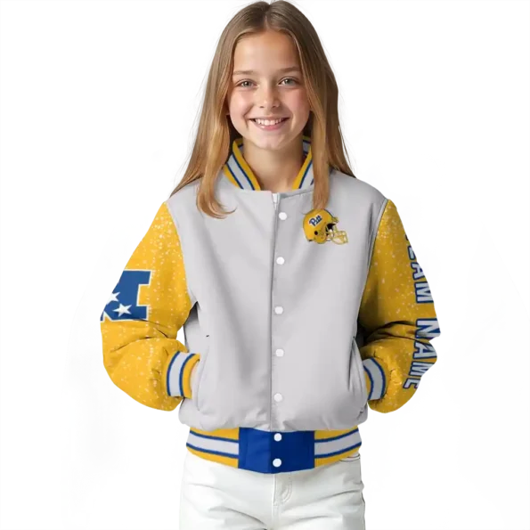 custom pittsburgh panthers speckled arms royal blue gray varsity jacket top rated.webp