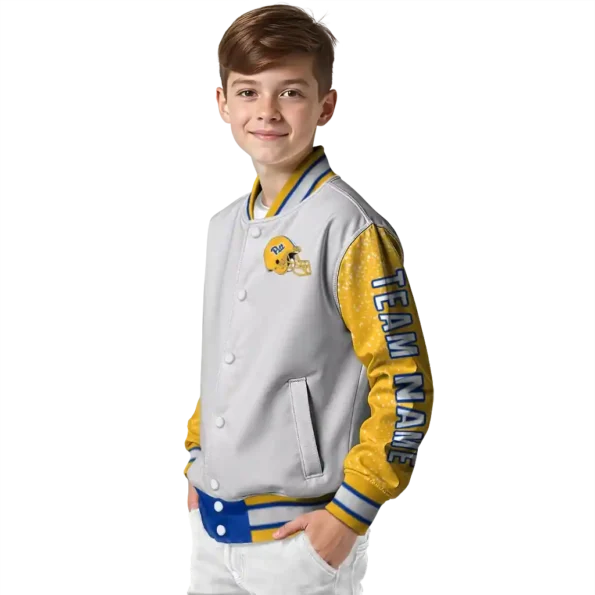 custom pittsburgh panthers speckled arms royal blue gray varsity jacket trendy.webp