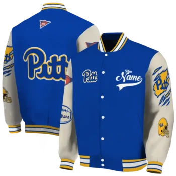 custom pittsburgh panthers wildcat pawprint royal blue nude varsity jacket fashion forward.webp