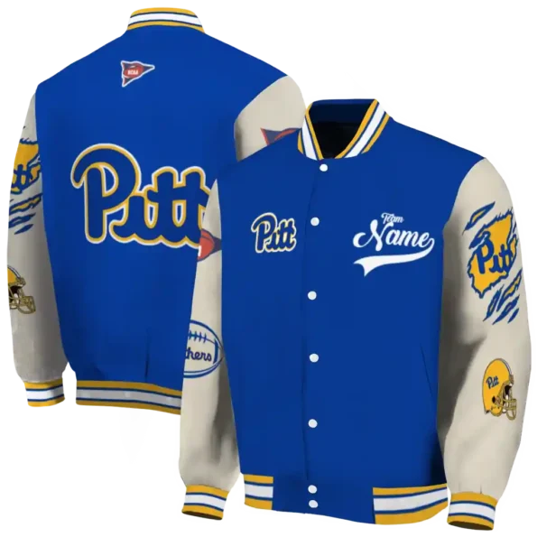 custom pittsburgh panthers wildcat pawprint royal blue nude varsity jacket fashion forward.webp