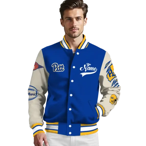 custom pittsburgh panthers wildcat pawprint royal blue nude varsity jacket high quality.webp