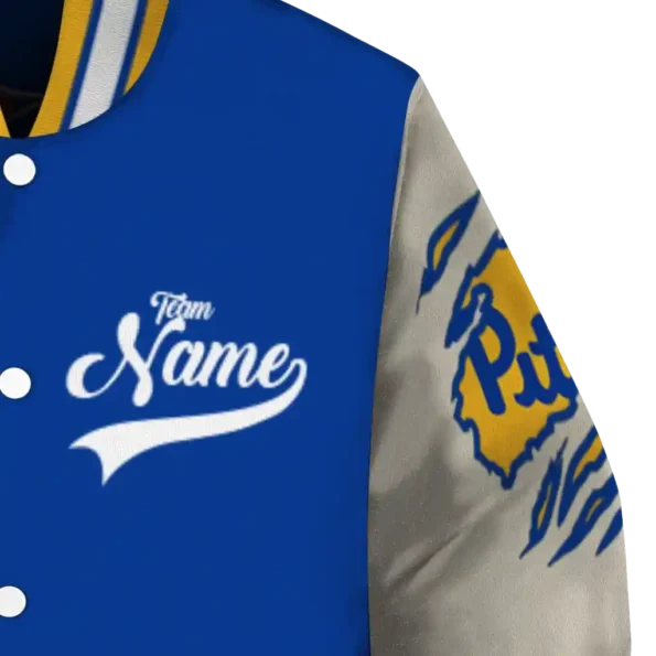 custom pittsburgh panthers wildcat pawprint royal blue nude varsity jacket premium grade.webp