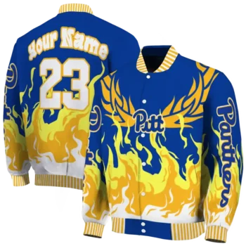 custom pittsburgh panthers winged blaze royal blue white varsity jacket fashion forward.webp